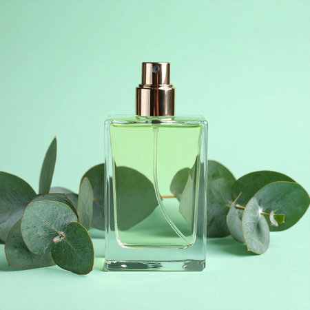 Rectangular glass perfume bottle with green liquid and eucalyptus leaves on a mint background.の素材