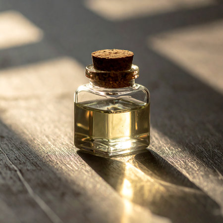A small glass bottle with a cork stopper and yellow liquid sits on a wooden surface.の素材