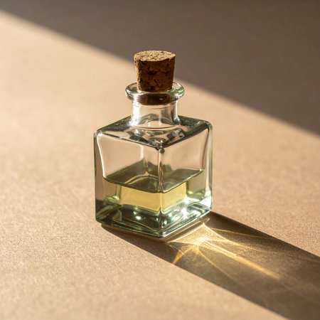 A small glass bottle with a cork stopper contains yellow liquid and casts a shadow.の素材