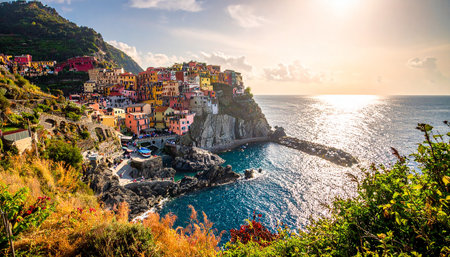 Sunlit Manarola village with colorful buildings on a cliff above the shimmering sea.の素材