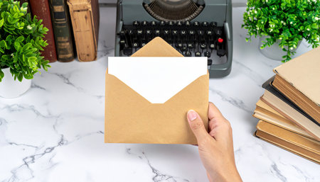 A hand holds a brown envelope with white paper, beside a vintage typewriter and books on a marble desk.の素材