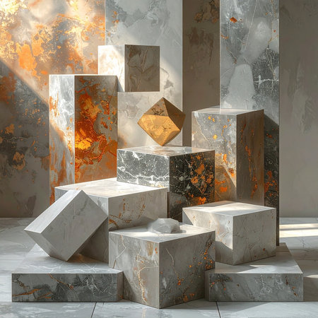 Textured geometric cubes and forms in marble and metallic finishes are displayed with dramatic lighting.の素材
