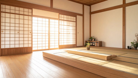 Sunlit traditional Japanese room with tatami mats, shoji screens, and wooden floors.の素材