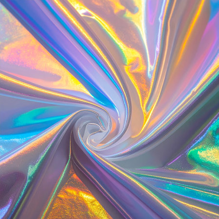 Swirling holographic fabric with intense rainbow colors and a metallic sheen. Clear details and vibrant color...の素材
