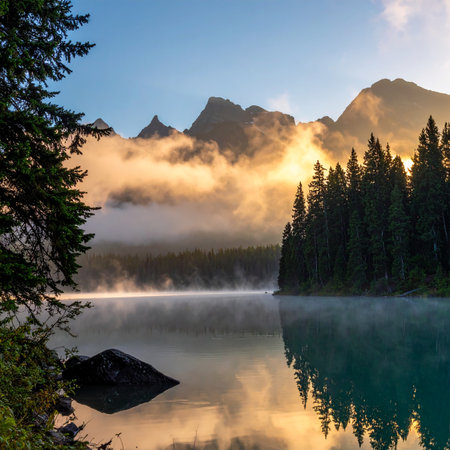 Turquoise lake reflects misty mountains and pine forest at sunrise Clear details and vibrant colors enhance v...の素材