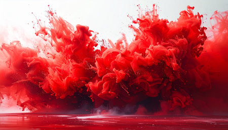 Red ink explodes in water creating a dynamic cloud with splashes and mist. Clear details and vibrant colors e...の素材
