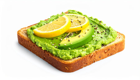 Whole wheat toast with avocado spread, lemon slices, and sesame seeds Clear details and vibrant colors enhanc...の素材