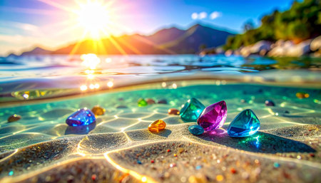 Colorful gemstones on a sandy seabed with sunlight filtering through clear turquoise waterの素材