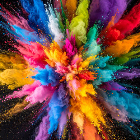 A radial explosion of vibrant colored powder bursts outwards against a dark background.の素材