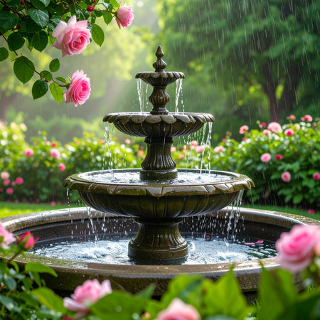 A tiered stone fountain with water cascading, surrounded by blooming pink roses in the soft rain.の素材