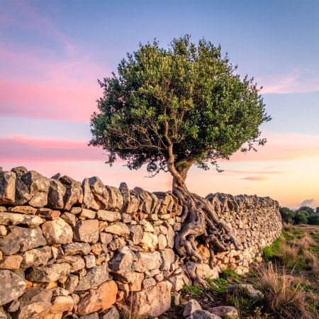 An ancient tree with exposed roots grows over a weathered stone wall during a colorful sunset.の素材