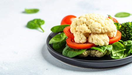 Deconstructed cauliflower burger with spinach, tomato, and broccoli on a black plate.の素材