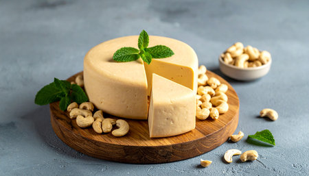 A round vegan cashew cheese with a slice removed, garnished with mint and surrounded by cashews.の素材