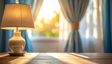 A table lamp and coffee cup on a wooden table are bathed in soft, sunlit light from the window.の素材