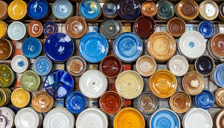 A wall covered with a variety of colorful, patterned ceramic bowls and plates arranged in a grid.の素材