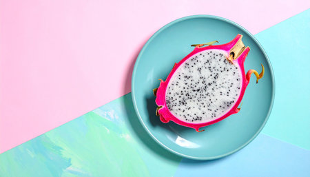 A halved dragon fruit rests on a blue plate against a vibrant abstract background of pink and teal.の素材