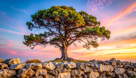 An evergreen tree with dense green foliage stands on a stone wall against a vibrant sunset sky.の素材