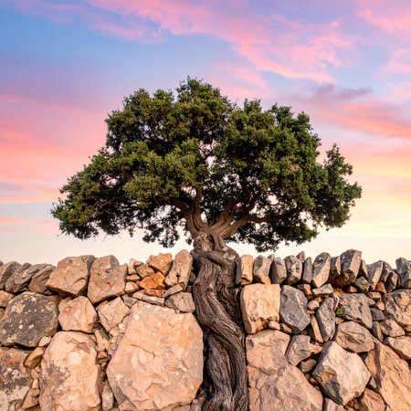 A tree with a thick trunk grows through a rugged stone wall at sunset. Clear details and vibrant colors enhanc...の素材