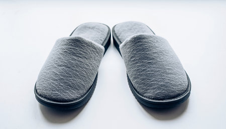 A pair of gray textured fabric slippers are displayed on a white background. Clear details and vibrant colors ...の素材