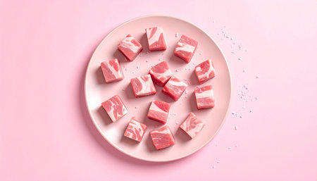 Small cubes of marbled raw meat are scattered on a pink plate against a pink background.の素材
