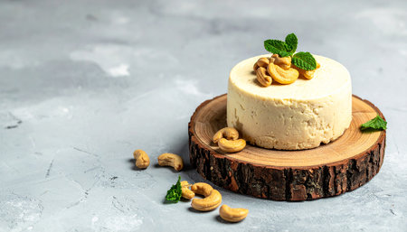 A round vegan cashew cheese topped with cashews and mint, presented on a rustic wood slice.の素材