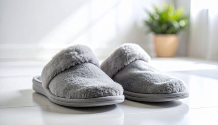 Soft grey fuzzy slippers with a plush trim are positioned on a bright white floor indoors.の素材