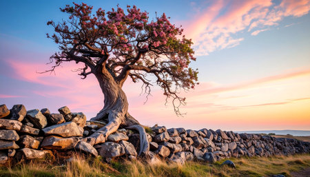 A tree with delicate pink blossoms sits atop a stone wall during a pastel sunrise sky with soft clouds.の素材
