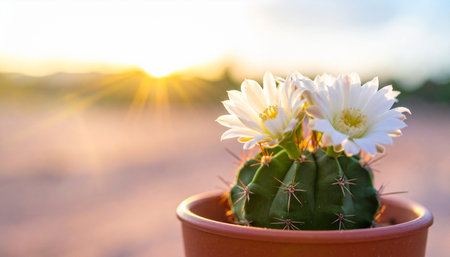 Category: showing blooming cactus in potted plant against golden sunset sky keywords: cactus, blooming,...の素材