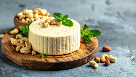 A round wheel of cashew cheese is garnished with mint and surrounded by cashews and other nuts on a wooden board.の素材