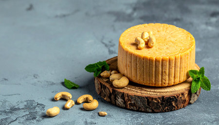 A round vegan cashew cheese garnished with cashews and mint on a rustic wooden stand.の素材
