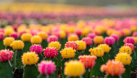 Rows of vibrant pink, yellow, and orange grafted moon cactus plants with green stems in a garden.の素材