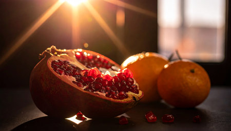 A cut pomegranate and tangerines illuminated by intense sunlight creating a lens flare effect.の素材