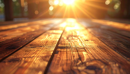 Bright sunbeams shine on a polished wooden floor highlighting the visible wood grain patternsの素材