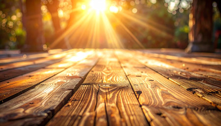 Golden sunbeams illuminate a rustic wooden deck with blurred green foliage in the backgroundの素材