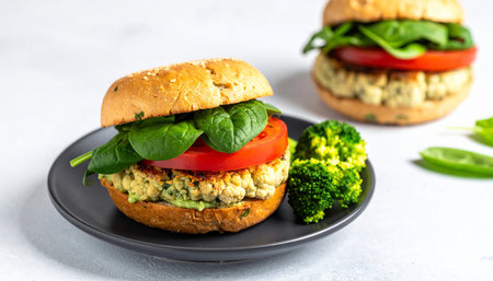 Two healthy burgers with sesame seed buns, spinach, tomato, and broccoli on black plates.の素材