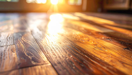Warm sunlight streams across a polished wooden floor highlighting the natural grain and texture of the planksの素材