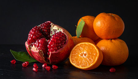 A split pomegranate and several tangerines with green leaves arranged on a dark, reflective surface.の素材