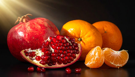 A whole pomegranate and tangerines with a cut pomegranate revealing juicy arils on a dark surface.の素材