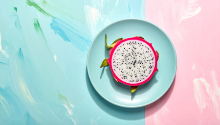 A dragon fruit half on a blue plate is positioned on an abstract background divided into teal and pink sections.の素材