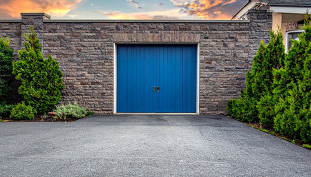 Blue double garage doors in a stone wall with green trees and an asphalt driveway.の素材