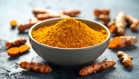 Ground turmeric in a bowl is artfully arranged with fresh turmeric roots on a dark, textured surface.の素材