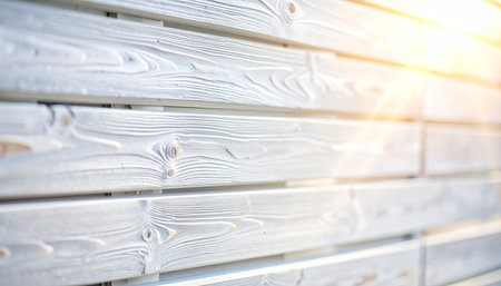 Close-up of white wooden planks with prominent grain, illuminated by warm sun rays and a shallow depth of field.の素材