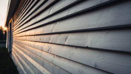 Close-up view of weathered white wooden siding on a building with warm sunset lightの素材