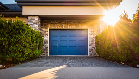 Blue garage door framed by stone and green bushes with bright sunburst light. Clear details and vibrant colors...の素材