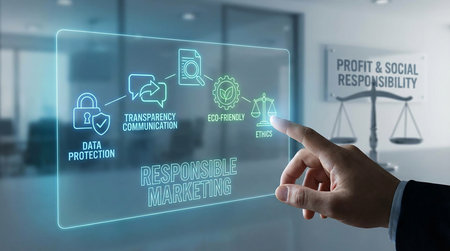 Hand touching a glowing screen displaying icons for responsible marketing concepts.の素材