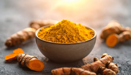 A bowl overflowing with bright yellow turmeric powder sits among fresh turmeric roots on a textured surface.の素材