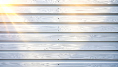 Horizontal white wooden planks with visible grain and bright sun rays illuminating the left side.の素材