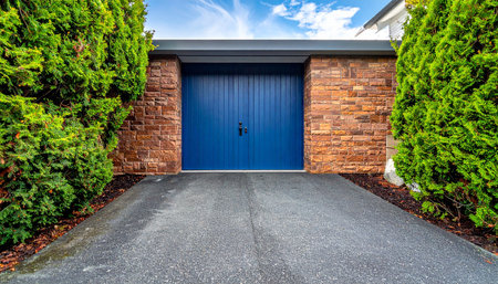 Bright blue double garage doors set in a brick and stone facade with lush green trees.の素材