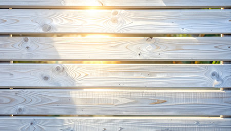 Close-up of light-colored wooden slats with warm sunlight shining through the gaps.の素材