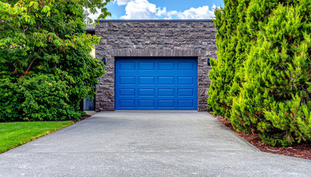 Blue garage door on a stone facade with lush green trees lining the asphalt driveway.の素材
